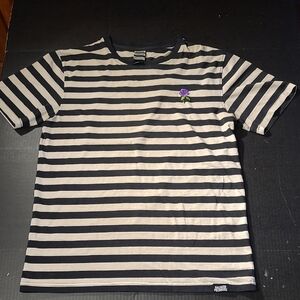 BROKEN PROMISES Striped Black and White T-Shirt with Purple Rose